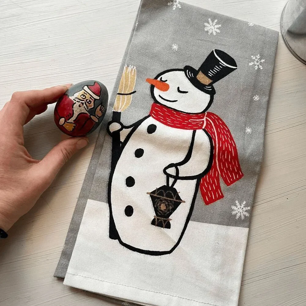 Hand-Painted Santa Stone Egg & Threshold Snowman Tea Towel Set